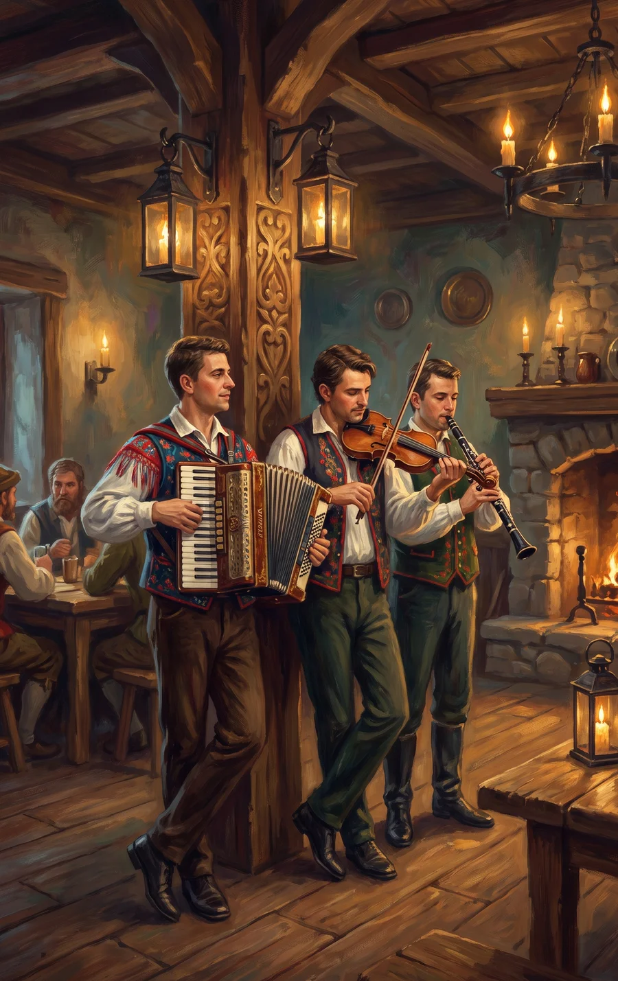 Godci v gostilni: harmonika, violina in klarinet